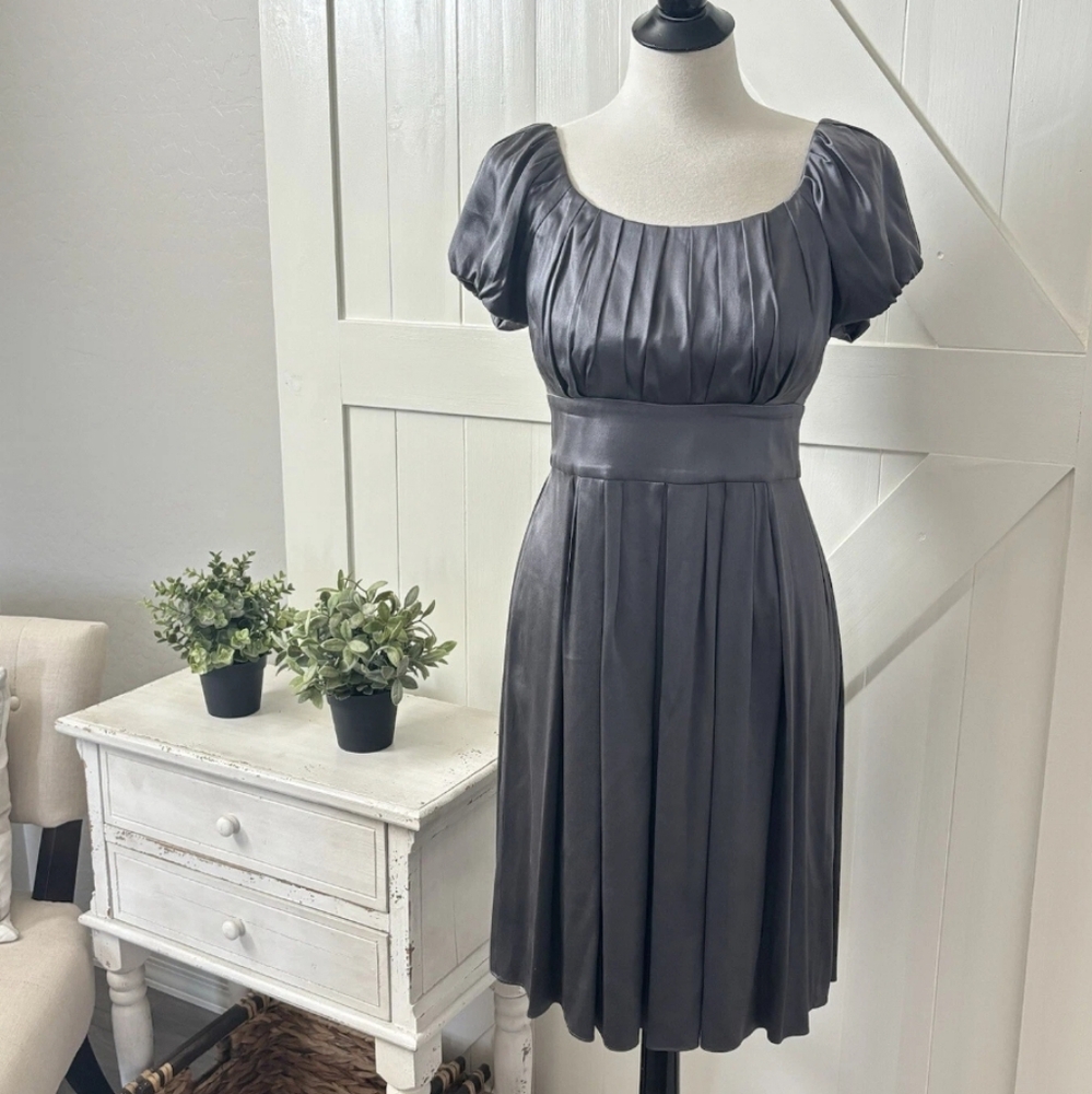 Suzi Chin Maggy Boutique Dress, Size 10, SILK, Slate Grey, Puff Sleeve, Pristine